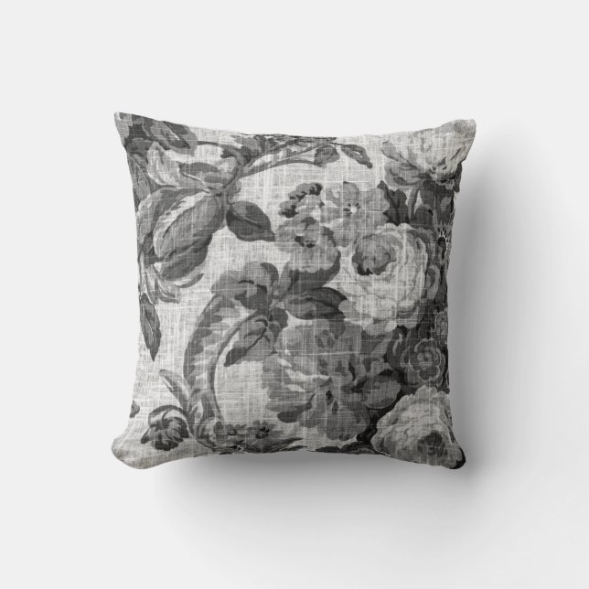 Almofada Toile floral botânico cinzento preto & branco No.5 (Frente)