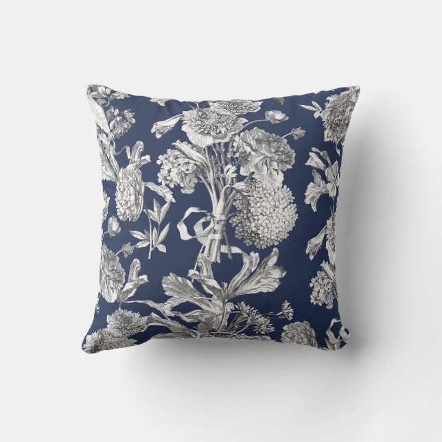 Almofada Toile Floral, branco no fundo do Marinho (Verso)