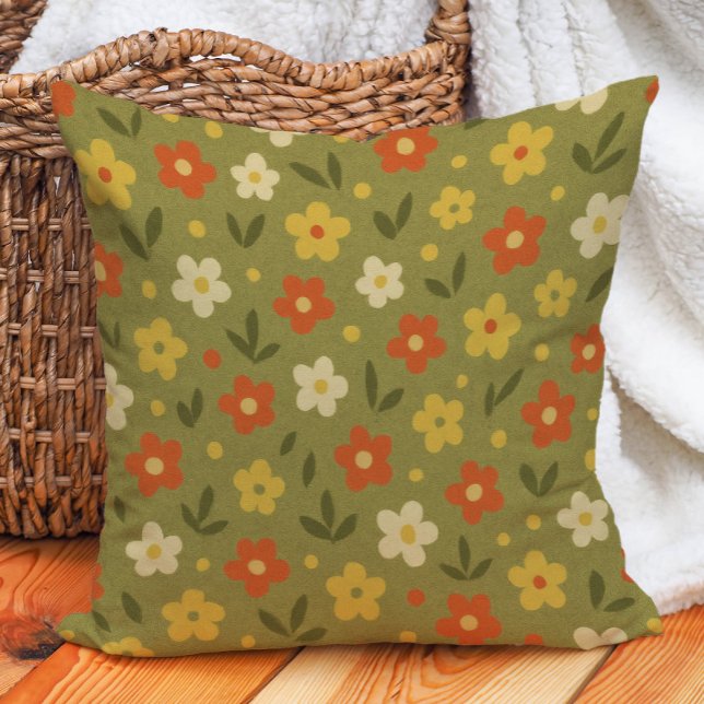 Almofada Tonalidade de Tonelada Laranja Dourado Laranja Azu (Retro floral pillow with orange, olive green, mustard yellow, and cream-colored flowers)