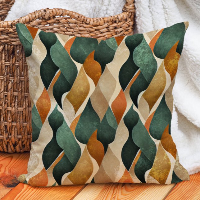 Almofada Tons de Terra Abstratos Verde Laranja Queimado Mar (Emerald Green, burnt orange, and tan abstract decorator pillow)
