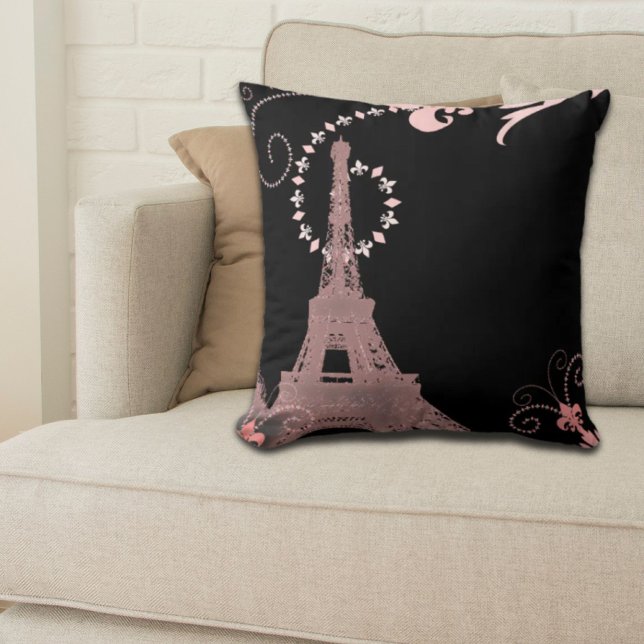 Almofada torre de eiffel preto-e-rosa-cinza (girly chic black and pink paris eiffel tower throw pillow)