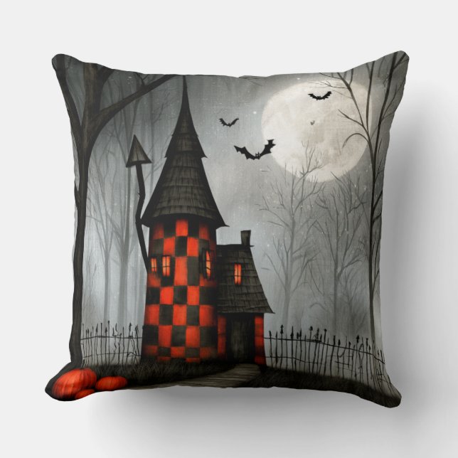 Almofada Torre de Halloween em Xadrez Gótico (Frente)