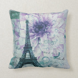Almofada torre Eiffel floral roxa de Paris do vintage