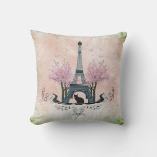 Almofada Torre Eiffel Parisiense Gato E Flores De Cereja