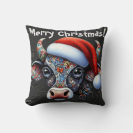 Almofada Touro de Vaca de Natal com Santa Hat Vermelho Pret