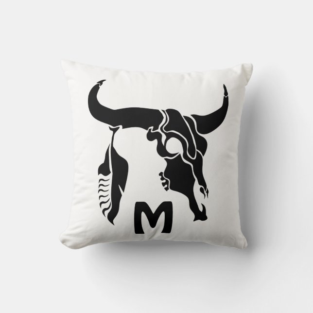 Almofada Touro Longhorn Tribal com pena preta (Frente)