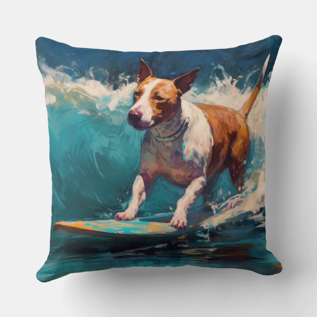 Almofada Touro Terrier Beach Surfing Painting (Verso)