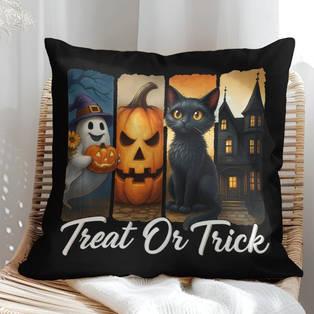 Almofada "Tratar ou trucar" Gato do Cachorro do Pincel do H ("Treat or Trick" Halloween Brush Stroke Cat Throw Pillow on a sunny boho rattan chair.)