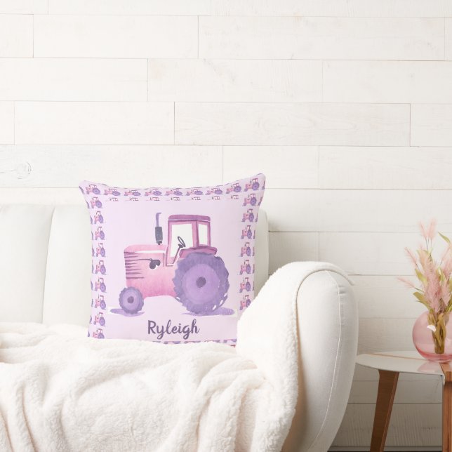 Almofada Trator de Aquarela Rosa e Roxo Personalizável (Sofá)