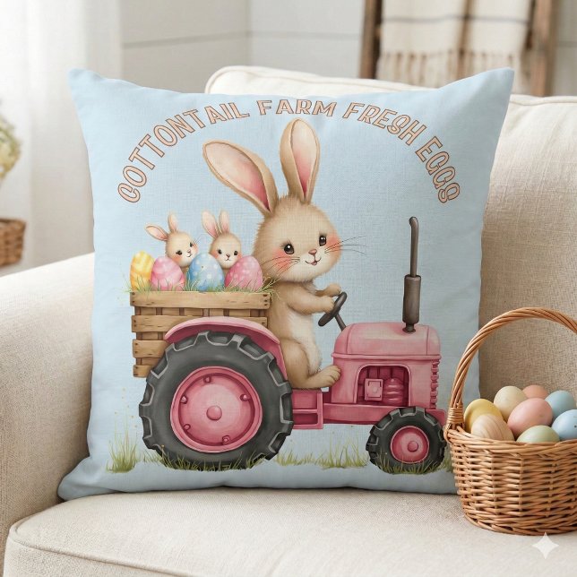Almofada Trator de colheita de Fazendas de coelho da Páscoa (Whimsical Easter Bunny Farm Vintage Tractor Throw Pillow Mockup A)