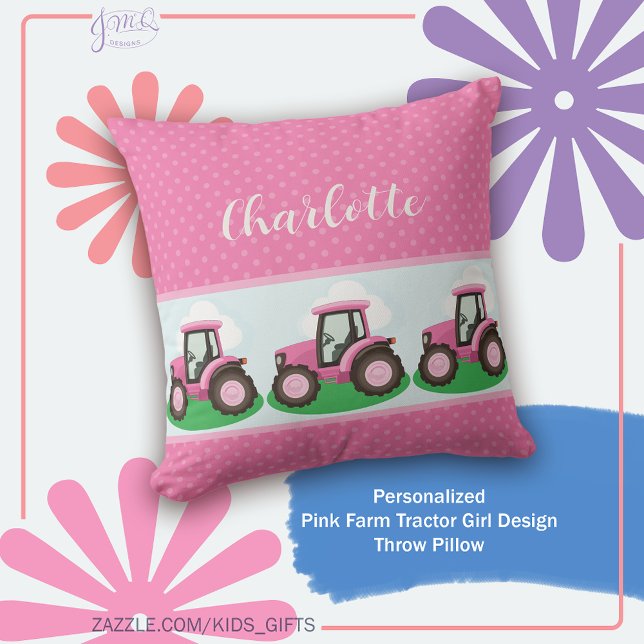 Almofada Trator Rosa Personalizado com Estilo de Menina (Cute pink farm tractor design with a sweet girly feel and personalized name accent)