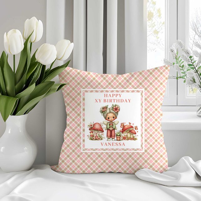 Almofada Travessa Flores Bege Aniversário de 4 anos Whimsy  (Whimsy Fairy 4th Birthday Blush Flowers Pillow)