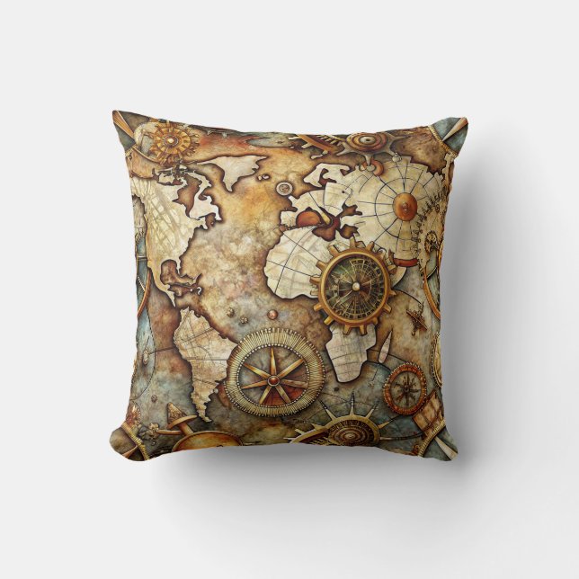 Almofada Travesseira de Arremesso Mapa Antigo Steampunk (Frente)