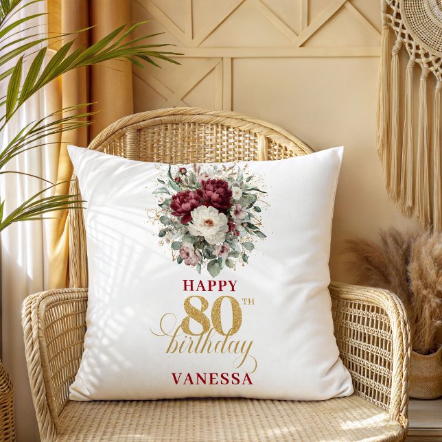 Almofada Travesseira de presente de 80º aniversário Greener (Greenery Blush Burgundy 80th Birthday Gift Pillow)