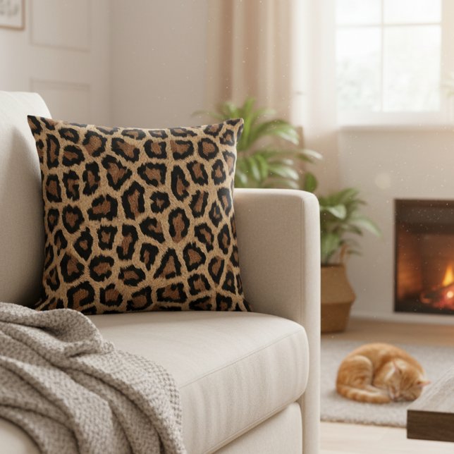 Almofada Travesseira Decorativa com Estampa de Leopardo Sel (Leopard print decorative throw pillow.)