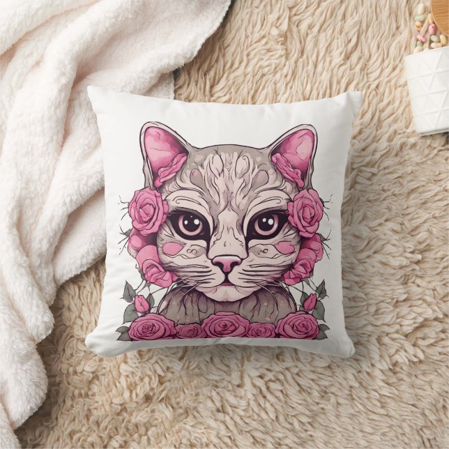 Almofada Travesseira Decorativa de Gato com Rosas Cor-de-Ro (Cobertor)