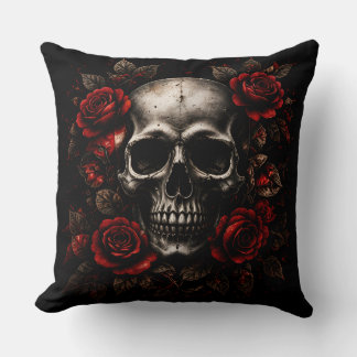 Almofada Travesseira Decorativa Rosas Vermelhas Crânio Góti