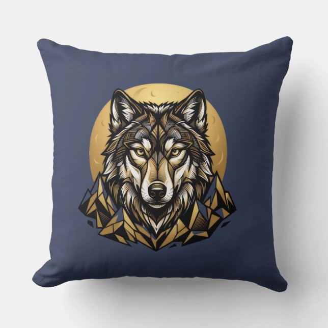 Almofada Travesseira Geométrica de Lobo com Lua e Montanha (Frente)