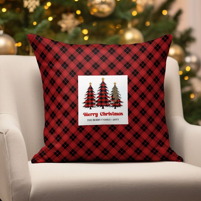 Almofada Travesseiro Árvores de Natal Xadrez Búfalo Aconche (Warm Cozy Buffalo Plaid Christmas Trees Pillow)