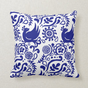 Almofada Travesseiro azul e branco da arte popular