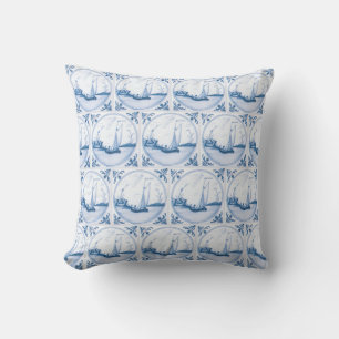Almofada Travesseiro Azulejo Delft Blue Sailboat Vintage Fa