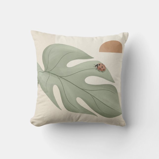 Almofada Travesseiro Boho Folha de Monstera & Joaninha — Sa (Frente)