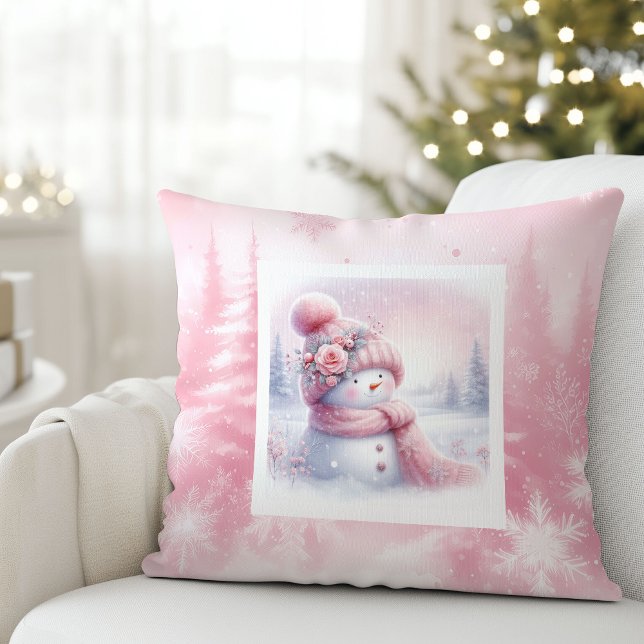 Almofada Travesseiro Cena de Inverno Brilhante com Boneco d (Pink Forest Snowman Bright Winter Scene Cushion)