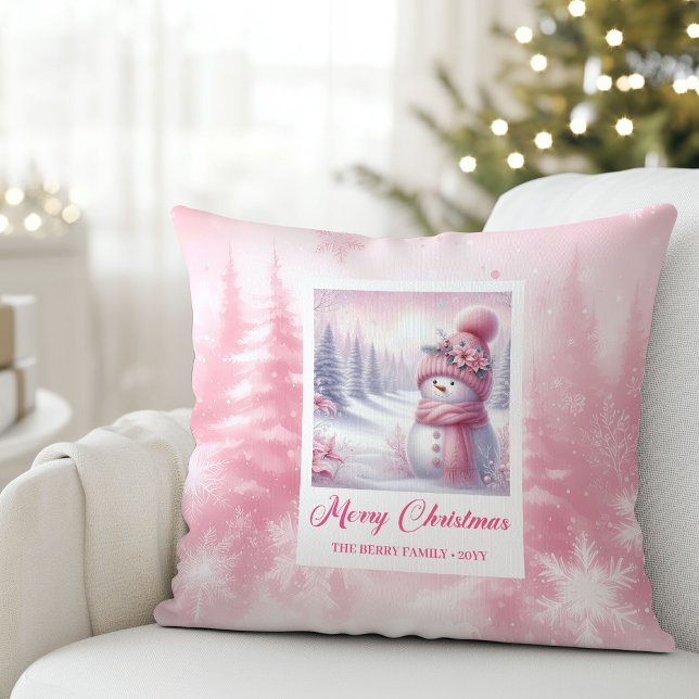 Almofada Travesseiro Cena Natal Papai Noel Rosa Fofo Quarto (Cute Pink Snowman Christmas Scene Kids Room Pillow

)