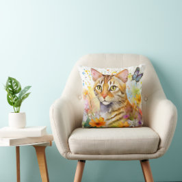 Almofada Travesseiro com Desenho Floral de Gato Bengal