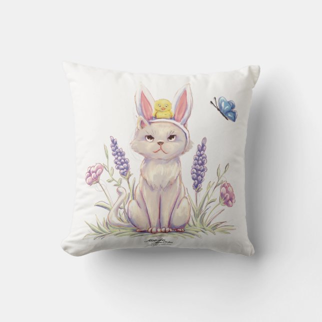 Almofada Travesseiro com Ilustração de Gato de Páscoa Fofo  (Frente)