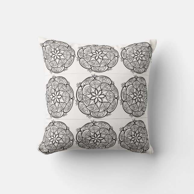 Almofada Travesseiro com padrão de círculo Mandala Preto e  (Frente)