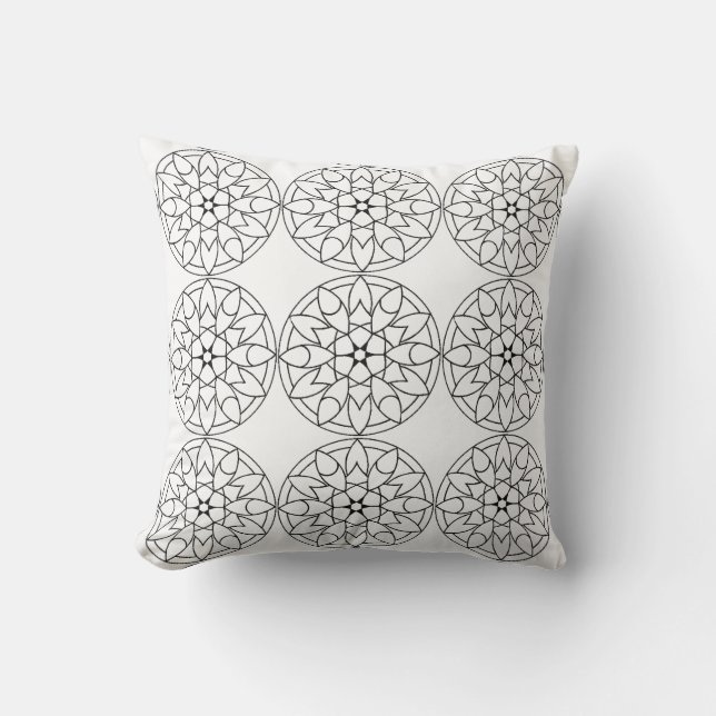 Almofada Travesseiro com padrão floral de mandala preto e b (Frente)