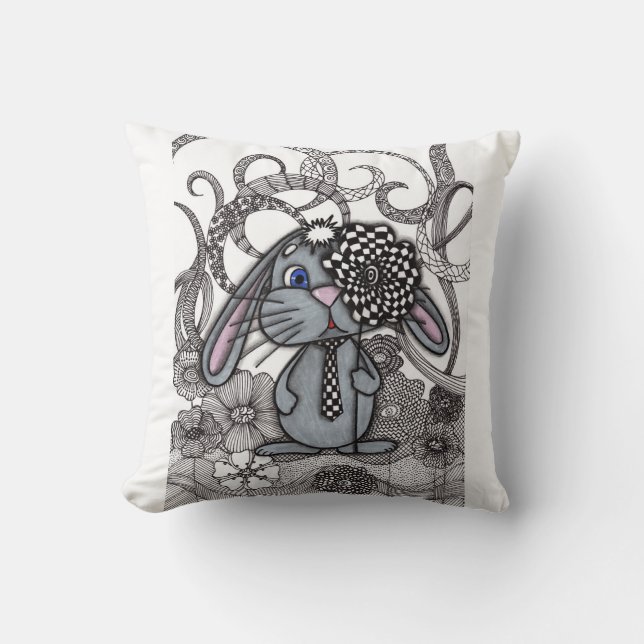 Almofada Travesseiro Cute Hand-Drawn Bunny Rabbit Zen Doodl (Frente)