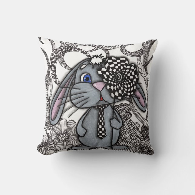 Almofada Travesseiro Cute Hand-Drawn Bunny Rabbit Zen Doodl (Frente)