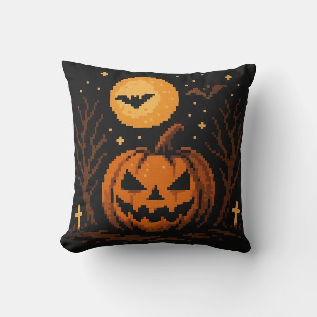 Almofada Travesseiro de abóbora de Halloween em pixel art (Frente)