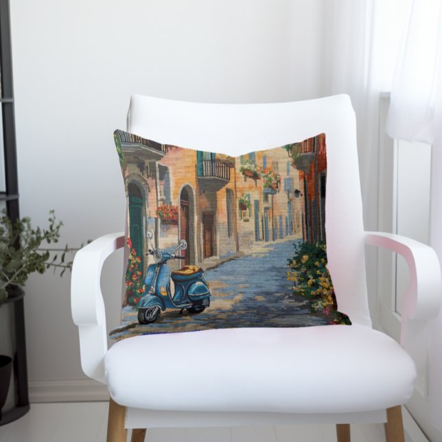 Almofada Travesseiro de Agulha Falsa - Scooter de Rua Itali (Faux Needlepoint Pillow with Italian Street Scene and Blue Scooter)