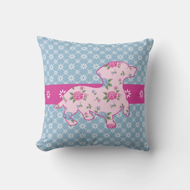 Almofada Travesseiro de Algodão Dachshund Floral Rosa e Azu (Frente)