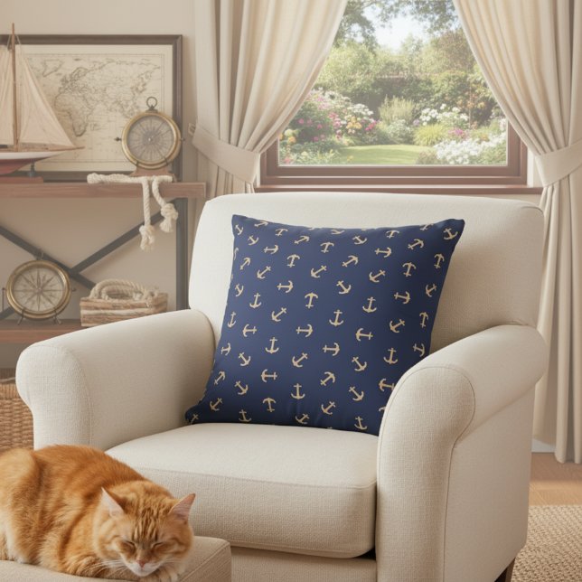 Almofada Travesseiro de âncora azul marinho e dourado 16x16 (Navy blue anchor throw pillow ⚓)