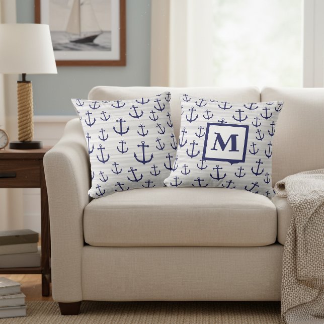 Almofada Travesseiro de Âncora Náutica Azul Monograma (Decorative anchor pillow with a monogram.)