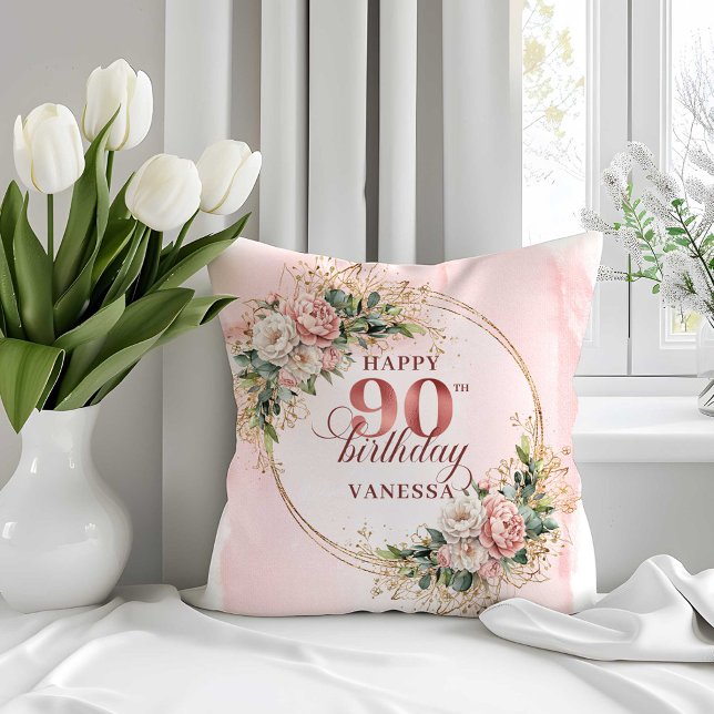Almofada Travesseiro de Aniversário de 90 Anos com Flora Ve (Light Pink Floral Greenery 90th Birthday Pillow)