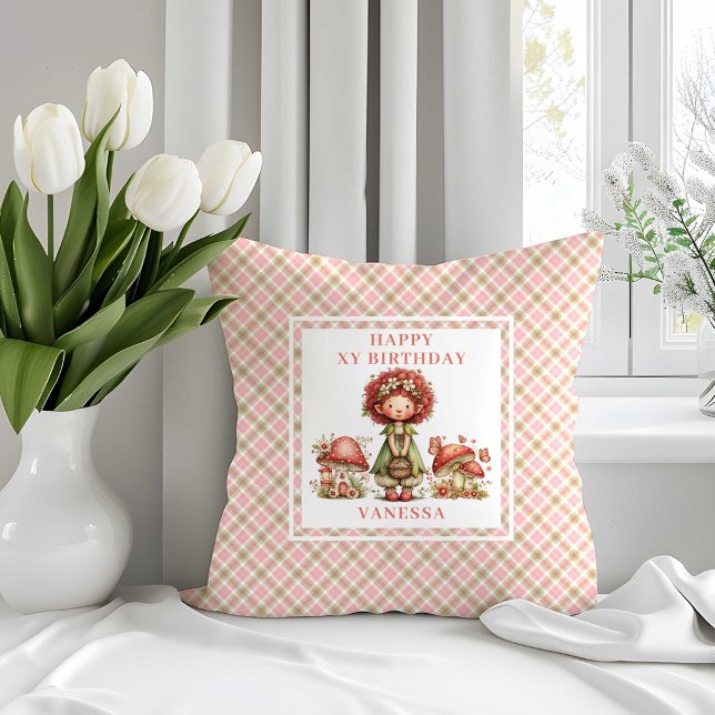 Almofada Travesseiro de Aniversário de Menina Flor de Fada  (Adorable Pink Fairy Floral Girl Birthday Pillow)