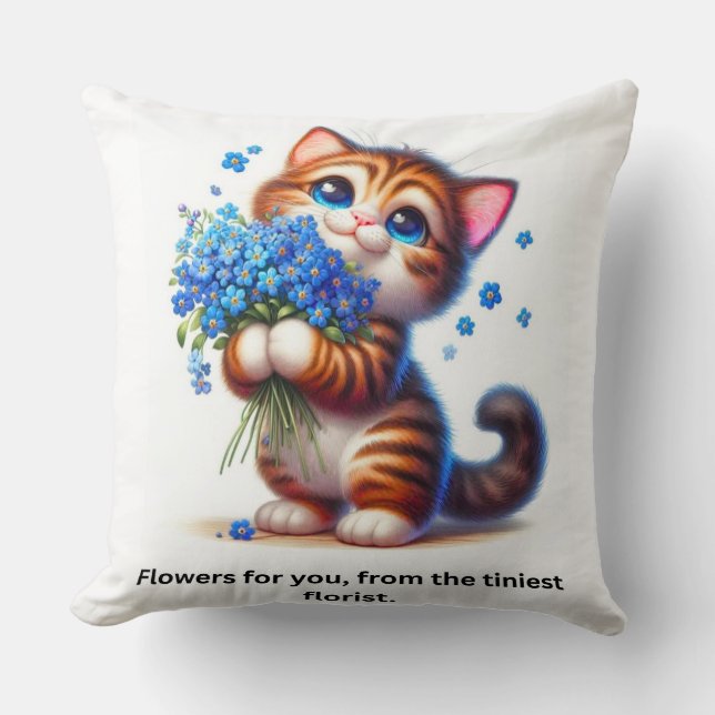 Almofada Travesseiro de Arremesso de Gato Fofo com Flores,  (Frente)