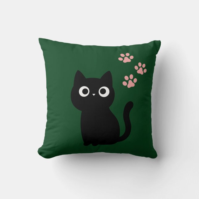 Almofada Travesseiro de Arremesso de Gato Preto Fofo | De K (Frente)