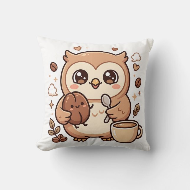 Almofada Travesseiro de Café de Coruja Kawaii (Frente)