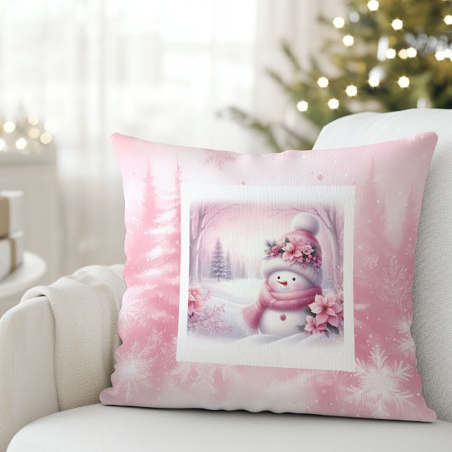 Almofada Travesseiro de Cena de Inverno com Boneco de Neve  (Luxury Pink Snowman Winter Scene Kids Room Pillow

)