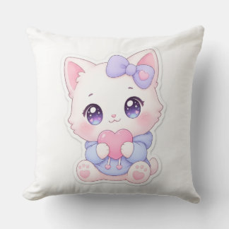 Almofada Travesseiro de Coração de Gatinho Branco Kawaii e