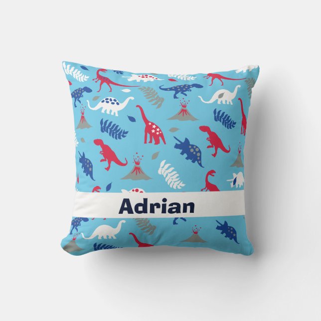 Almofada Travesseiro de Dinossauro Azul e Crianças de Vulcã (Frente)