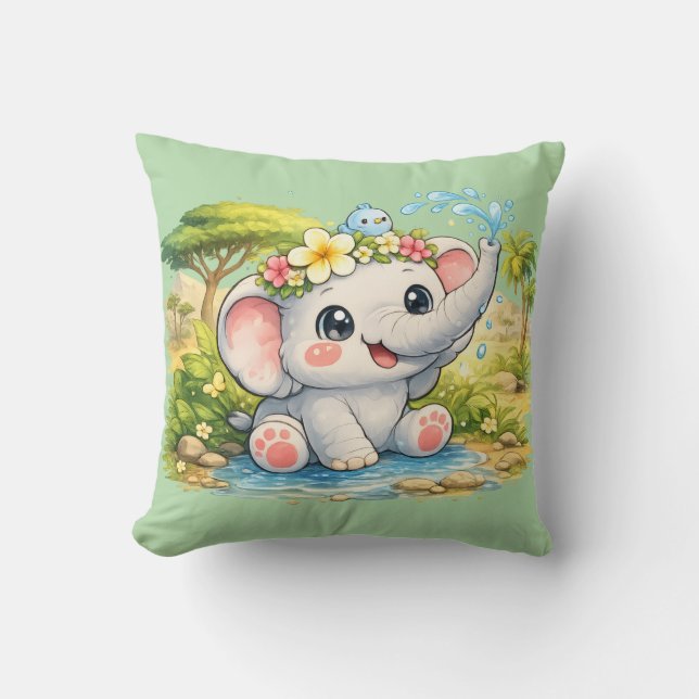 Almofada Travesseiro de Elefante Kawaii Fofo e Feliz (Frente)
