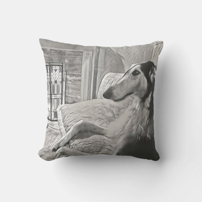 Almofada Travesseiro de Esboço Art Deco Borzoi (Frente)
