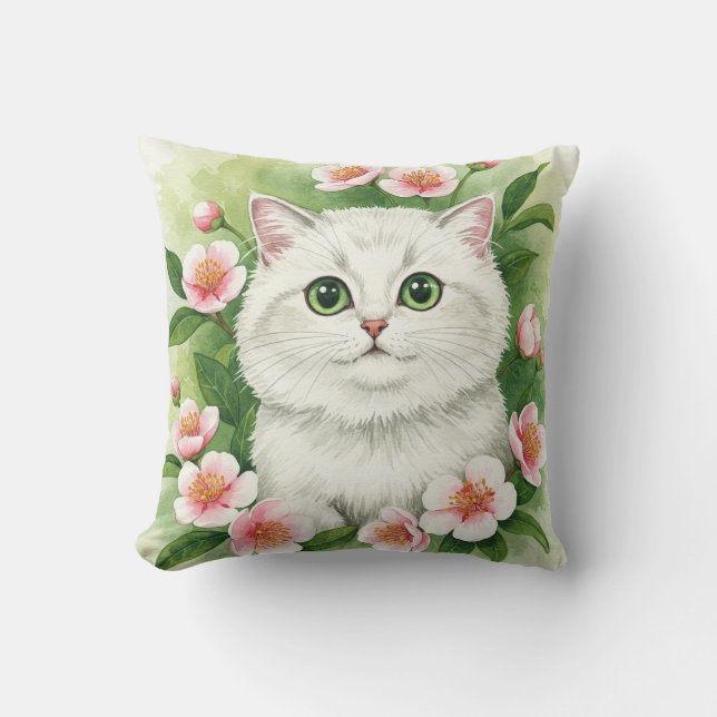 Almofada Travesseiro de Flores de Mola de Gato Branco (Frente)